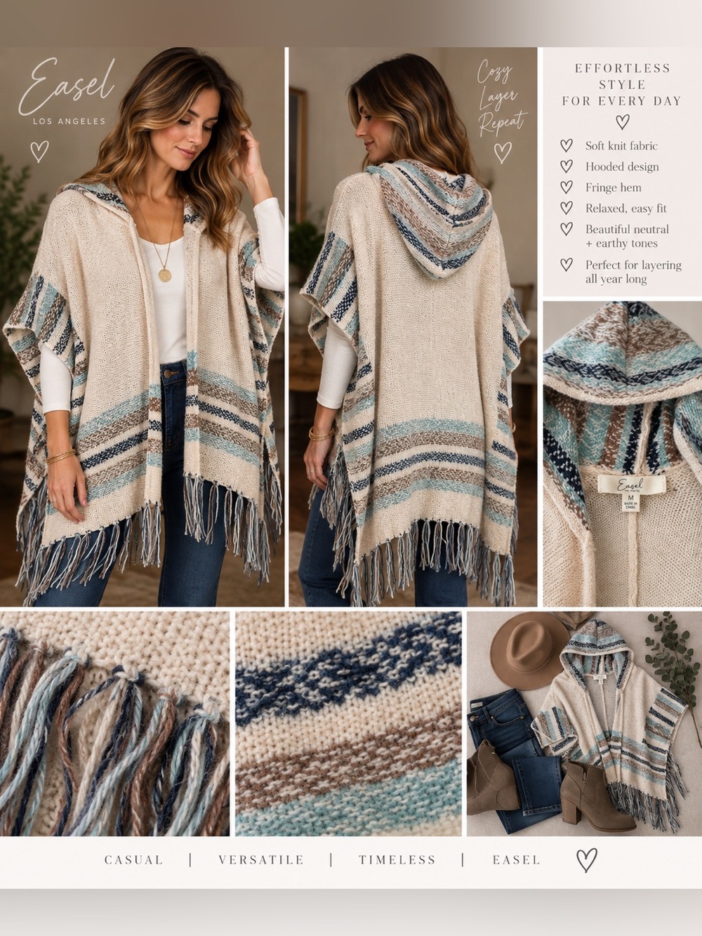 Easel Hooded Poncho Wool Blend Fringe Boho Southwestern Size M